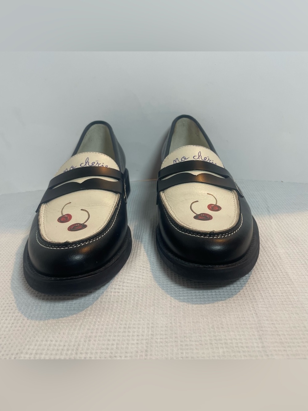 Duke + Dexter Ma Chérie Cherry Penny Loafers Men’s UK 7 US 8 Black White Leather